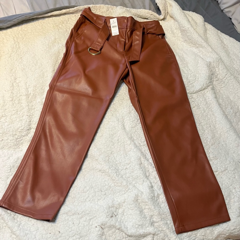 LOFT Chestnut Faux Leather Trousers size 8 with tie belt. Worn once.